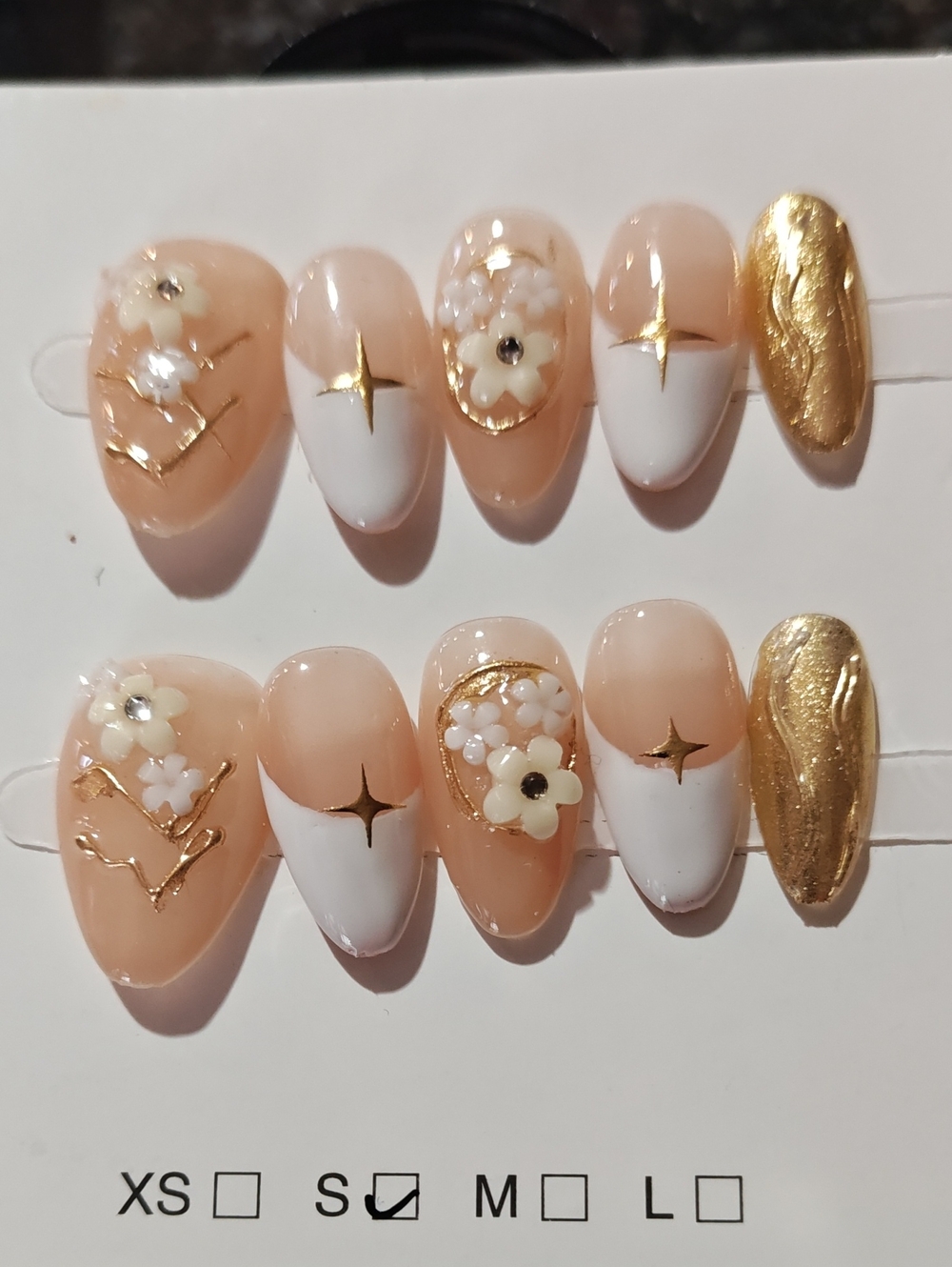 Neutral Peach & White Floral Press-On Nail Set with Gold Accents